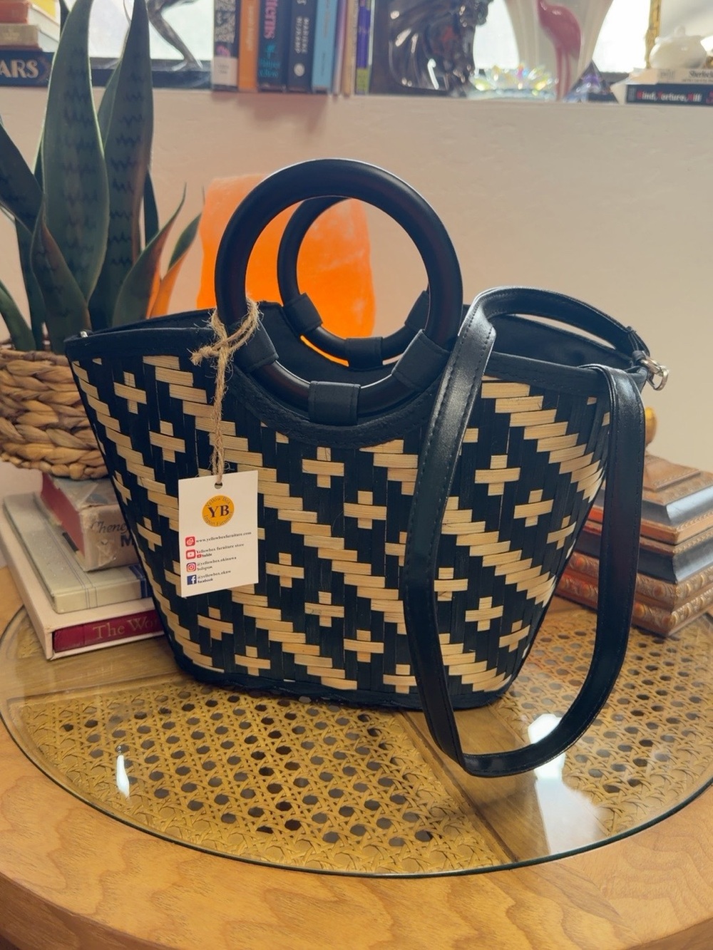 NWT Yellow Box Okinawa Woven Bamboo Basket Handbag Crossbody Black Tan
